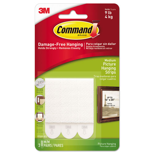 Command® Picture Hanging Strips, Removable, Holds Up to 3 lbs per Pair, 0.75 x 2.75, White, 3 Pairs/Pack