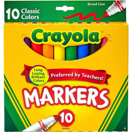 Crayola Non-Washable Markers, Broad Point, Classic Colors, 10/Set
