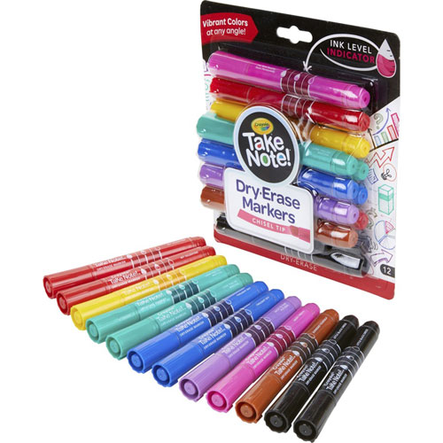 Crayola Take Note Dry-Erase Markers, Broad, Chisel Tip, Assorted, 12/Pack