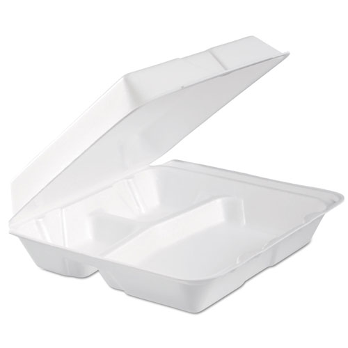 Dart Foam Hinged Lid Container, 3-Comp, 9.3 x 9 1/2 x 3, White, 100/Bag, 2 Bag/Carton