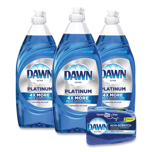 Dawn Platinum Liquid Dish Detergent, Refreshing Rain Scent, (3) 24 oz Bottles Plus (2) Sponges/Carton
