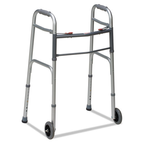 DMI Furniture Two-Button Release Folding Walker with Wheels, Silver/Gray, Aluminum, 32-38"H