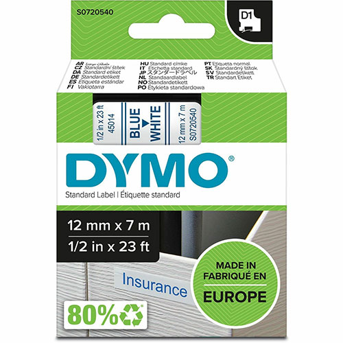 Dymo D1 Electronic Tape Cartridge, 1/2" Width x 23 ft Length, Blue, White, Easy Peel, Durable