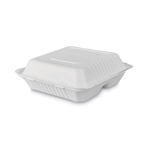 Emerald Tree-Free Farm to Paper Agricultural Waste Clamshell Container, 3-Compartment, 8 x 8 x 3, White, 50/Pack, 6 Packs/Carton