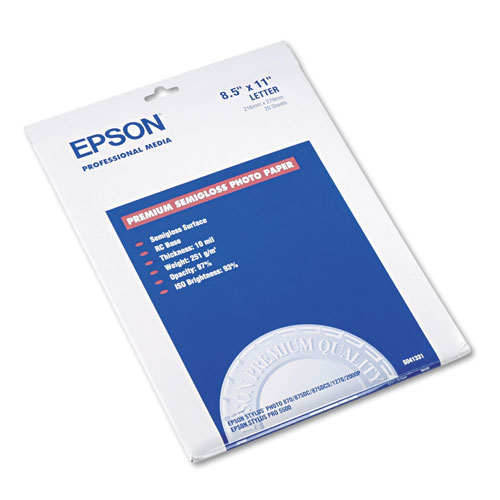 Epson Premium Photo Paper, 10.4 mil, 8.5 x 11, Semi-Gloss White, 20/Pack