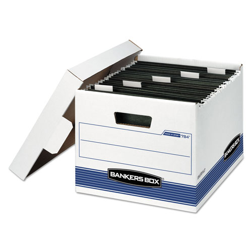 Fellowes HANG'N'STOR Medium-Duty Storage Boxes, Letter Files, 12.63" x 15.63" x 10", White/Blue, 4/Carton