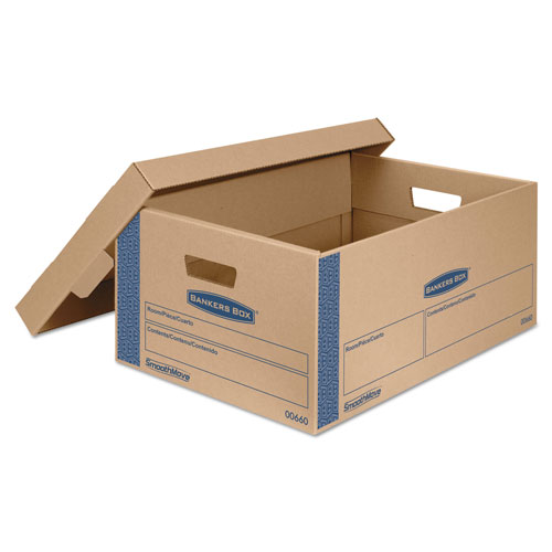 Fellowes SmoothMove Prime Moving & Storage Boxes, Large, Half Slotted Container (HSC), 24" x 15" x 10", Brown Kraft/Blue, 8/Carton
