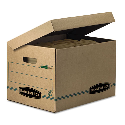Fellowes SYSTEMATIC Basic-Duty Attached Lid Storage Boxes, Letter/Legal Files, Kraft/Green, 12/Carton