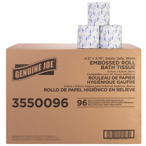 Genuine Joe 2-ply Bath Tissue - 2 Ply - 4.50" x 3" - 500 Sheets/Roll - White - Fiber - Perforated, Absorbent, Soft - For Bathroom, Restroom - 96 / Carton