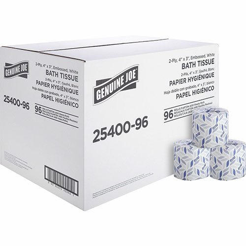 Genuine Joe Bath Tissue, 2-Ply, 400SH/RL, 4" x 3.15", 96RL/CT, WE