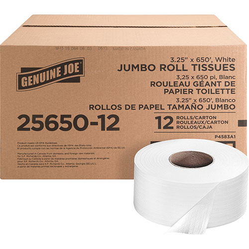 Genuine Joe Bath Tissue Rolls, Jumbo, 2-Ply, 650', 648 Rolls/PL, White