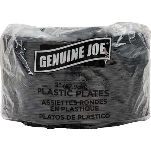 Genuine Joe Disposable 9" Plastic Plates, Black, Pack of 125