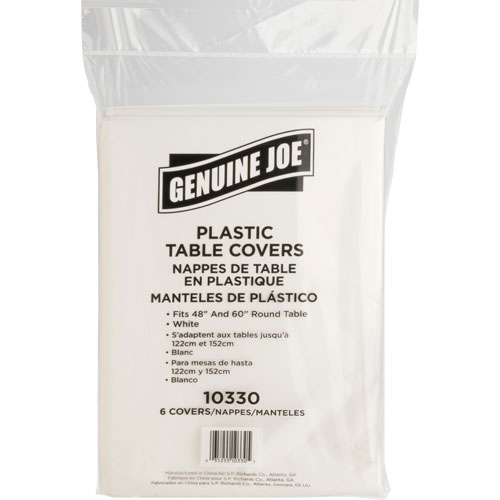 Genuine Joe Plastic Round Tablecovers, 84" Diameter, Plastic, White