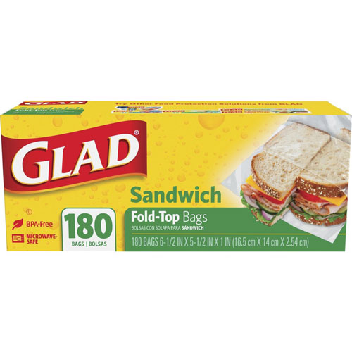 Glad Food Storage Bags, Sandwich Fold Top, 6.50" x 5.50" Length, Clear, Plastic, 1Box, 180 Per Box, Multipurpose