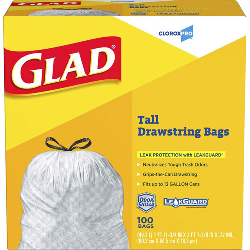 Glad ForceFlex Tall Kitchen Drawstring Trash Bags - 13 gal - 24" x 27 3/8" - .95 mil - 100/Box - White