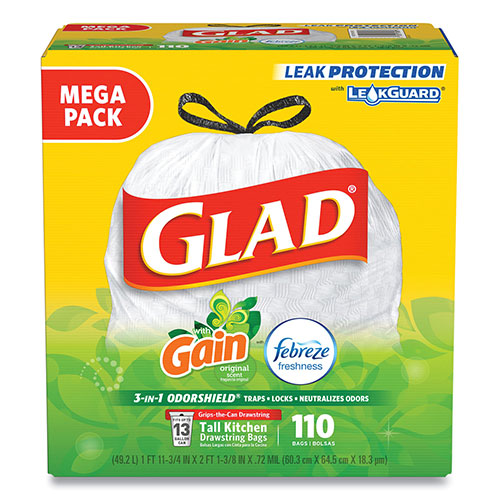 Glad OdorShield with Gain and Febreze, 13 gal, 0.72 mil, 25.75" x 11.75", White, 110/Box