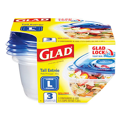 Glad Tall Entree Food Storage Containers with Lids, 42 oz, Clear/Blue, Plastic, 3/Box