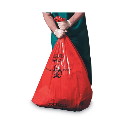 Heritage Bag Healthcare Pre-Printed High-Density Can Liners, Infectious Waste: Biohazard, 30-33 gal, 0.55 mil, 33 x 40, Red, 250/Carton