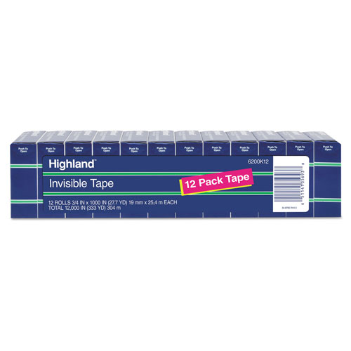 Highland Invisible Permanent Mending Tape, 1" Core, 0.75" x 83.33 ft, Clear, 12/Pack