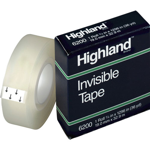 Highland Invisible Tape, 1" Core, 3/4" x 1296", 12 Rolls/PK, Clear