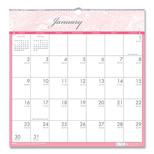House Of Doolittle Recycled Monthly Wall Calendar, Breast Cancer Awareness Artwork, 12 x 12, White/Pink/Gray Sheets, 12-Month (Jan-Dec): 2024