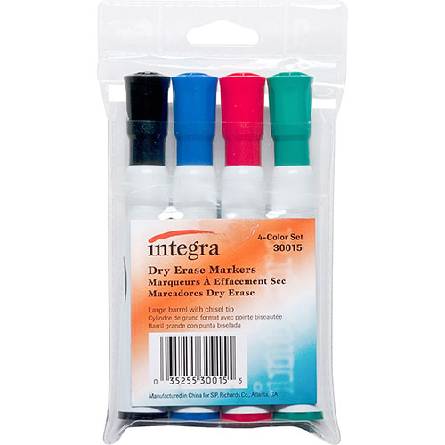 Integra Dry Erase Marker with Chisel Tip, 4EA/Pack, Black, Blue, R ed, Green