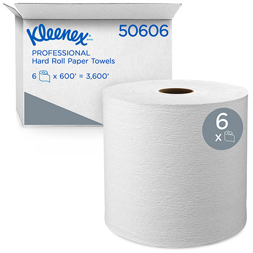 Kleenex Hard Roll Paper Towels (50606) with Premium Absorbency Pockets, 1.75" Core, White, 600'/Roll, 6 Rolls/Case, 3,600'/Case