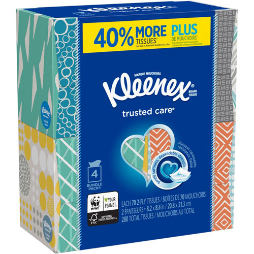 Kleenex Trusted Care Tissues, 2 Ply, 8.20" x 8.40", White, Soft, Strong, Absorbent, Durable, Pre-moistened, For Home, Office, School, 70 Per Box, 12/Carton