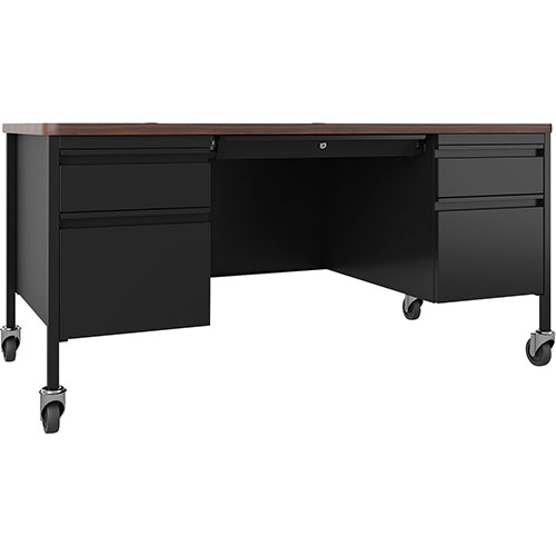 Lorell Desk, Double-Pedestal, Mobile, 60"x30"x29-1/2", Walnut/Black