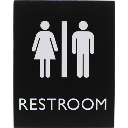 Lorell Restroom Sign, 1 Each, 6.4" x 8.5" Height, Rectangular Shape, Easy Readability, Braille, Plastic, Black