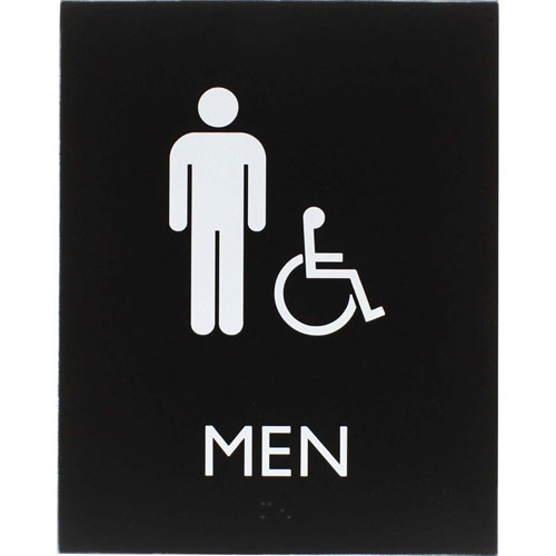 Lorell Restroom Sign, 1 Each, Men Print/Message, 6.4" x 8.5" Height, Rectangular Shape, Easy Readability, Braille, Plastic, Black