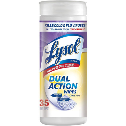 Lysol Dual Action Citrus Wipes, Wipe, Citrus Scent, 35/Can, 420/Carton, Purple