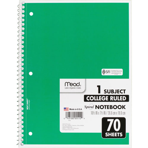 Mead Notebooks, Spiral, 1-Subject, 70 Sheet, 12-pack, Assorted