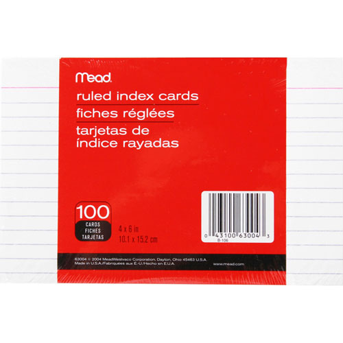 Mead White 4" x 6" Ruled Index Cards