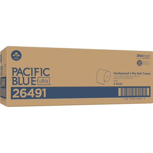 Pacific Blue Ultra 8" High-Capacity Recycled Paper Towel Roll, White, 26490, 1150 Feet Per Roll, 3 Rolls Per Case