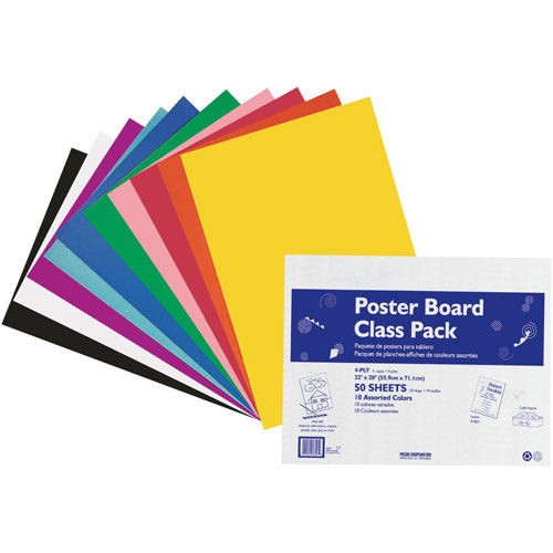 Pacon Posterboard, 4 Ply, 22"x28", 5 ea 10 Colors, 50 Sheets, Assorted
