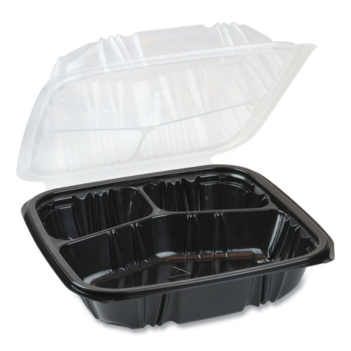 Pactiv EarthChoice Dual Color Hinged-Lid Takeout Container, 33 oz, 8.5 x 8.5 x 3, 3-Compartment, Black/Clear, 150/Carton