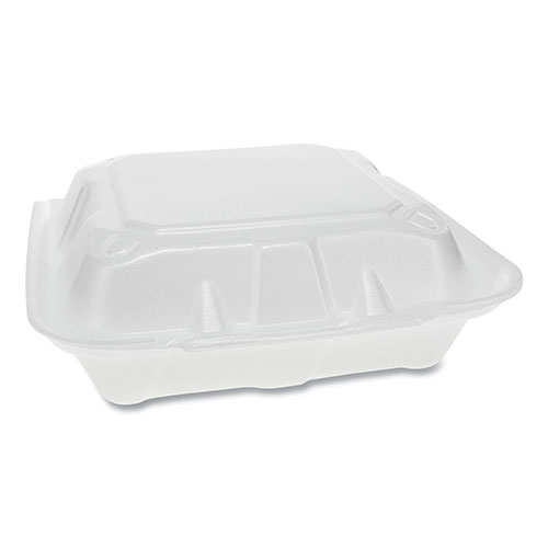 Pactiv Foam Hinged Lid Containers, Dual Tab Lock, 8.42 x 8.15 x 3, 3-Compartment, White, 150/Carton