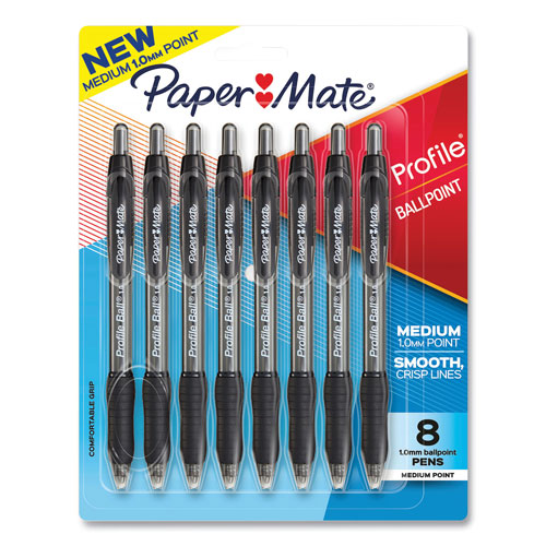 Papermate® Profile Ballpoint Pen, Retractable, Medium 1 mm, Black Ink, Translucent Black Barrel, 8/Pack