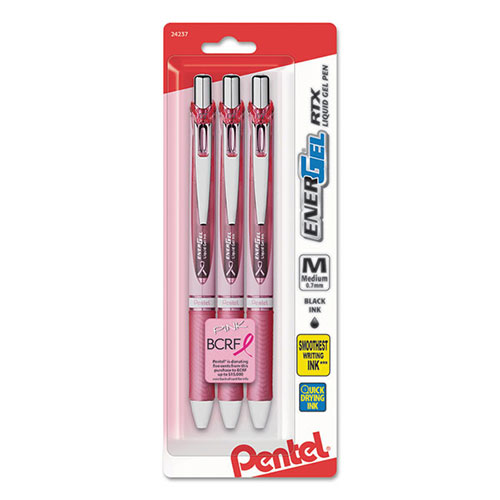 Pentel EnerGel RTX Retractable Gel Pen, Medium 0.7mm, Black Ink, Pink Barrel, 3/Pack
