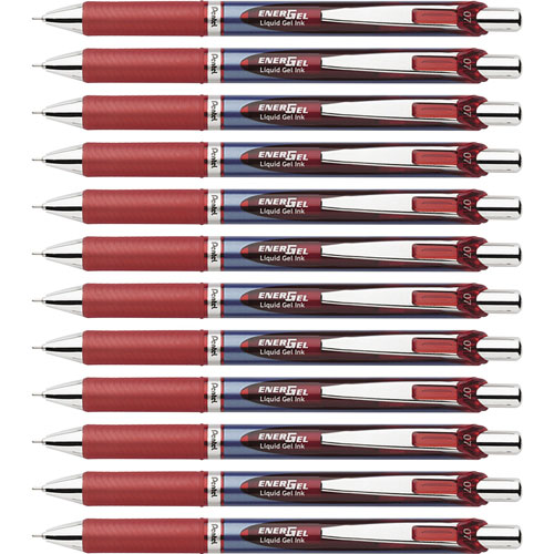 Pentel Gel Pen, Retractable/Refillable, Metal Tip, 0.7mm, 12/BX, Red Ink