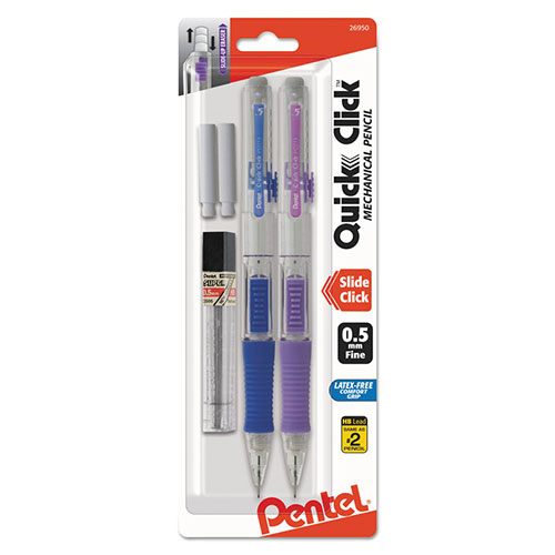 Pentel QUICK CLICK Mechanical Pencil, 0.5 mm, HB (#2.5), Black Lead, Assorted Barrel Colors, 2/Pack
