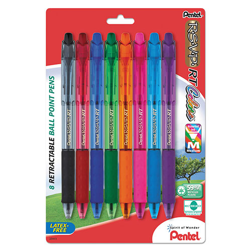 Pentel R.S.V.P. RT Retractable Ballpoint Pen, 1mm, Assorted Ink, Clear Barrel, 8/Pack