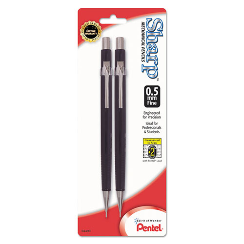 Pentel Sharp Mechanical Pencil, 0.5 mm, HB (#2.5), Black Lead, Black Barrel, 2/Pack