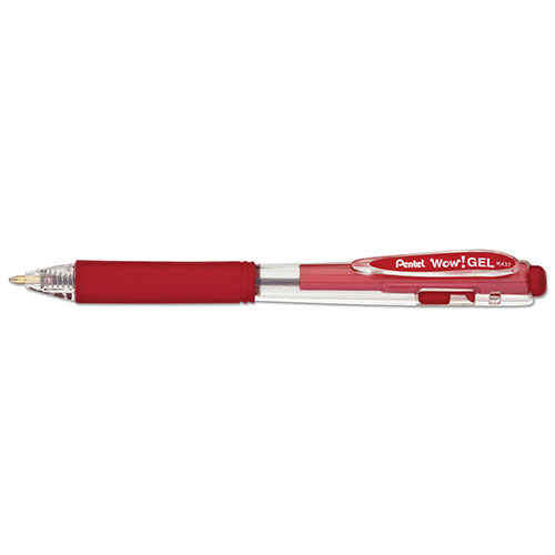 Pentel WOW! Retractable Gel Pen, Medium 0.7 mm, Red Ink, Clear/Red Barrel, Dozen