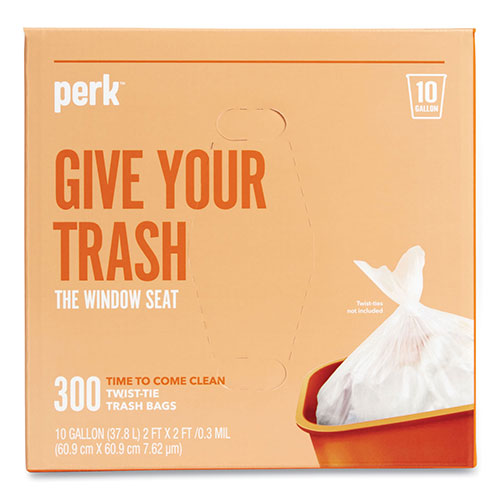 Perk™ Twist-Tie Light-Duty Can Liners, 10 gal, 0.36 mil, 24" x 24", Clear, 300/Box