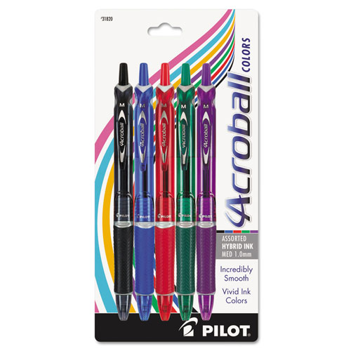 Pilot Acroball Colors Retractable Ballpoint Pen, 1mm, Assorted Ink/Barrel, 5/Pack