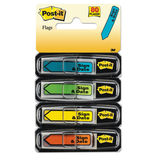 Post-it® Arrow Message 1/2" Page Flags, Sign and Date, 4 Primary Colors, 20/Dispenser, 4 Dispensers/Pack