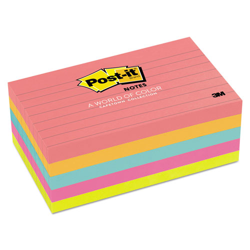 Post-it® Original Pads in Poptimistic Collection Colors, Note Ruled, 3" x 5", 100 Sheets/Pad, 5 Pads/Pack