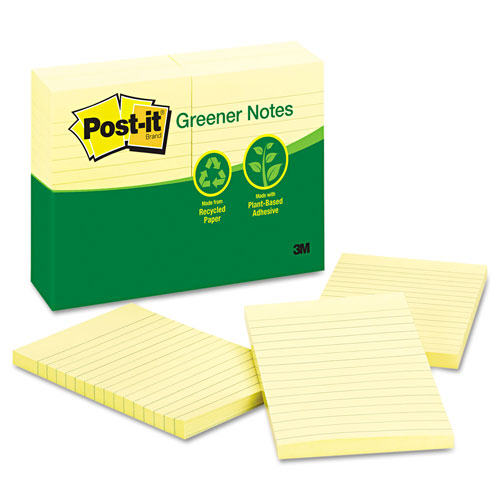 Post-it® Original Recycled Note Pads, Note Ruled, 4" x 6", Canary Yellow, 100 Sheets/Pad, 12 Pads/Pack